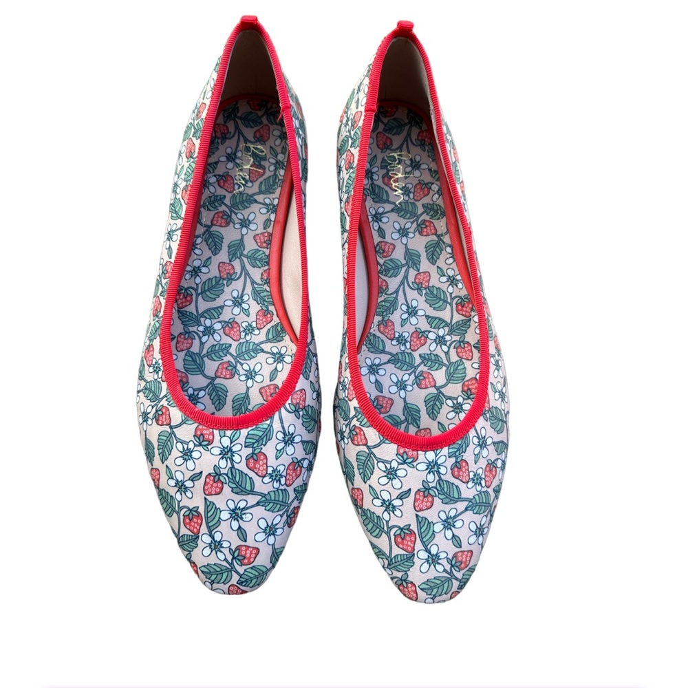 Boden Floral Strawberry Print Flats with Red Trim